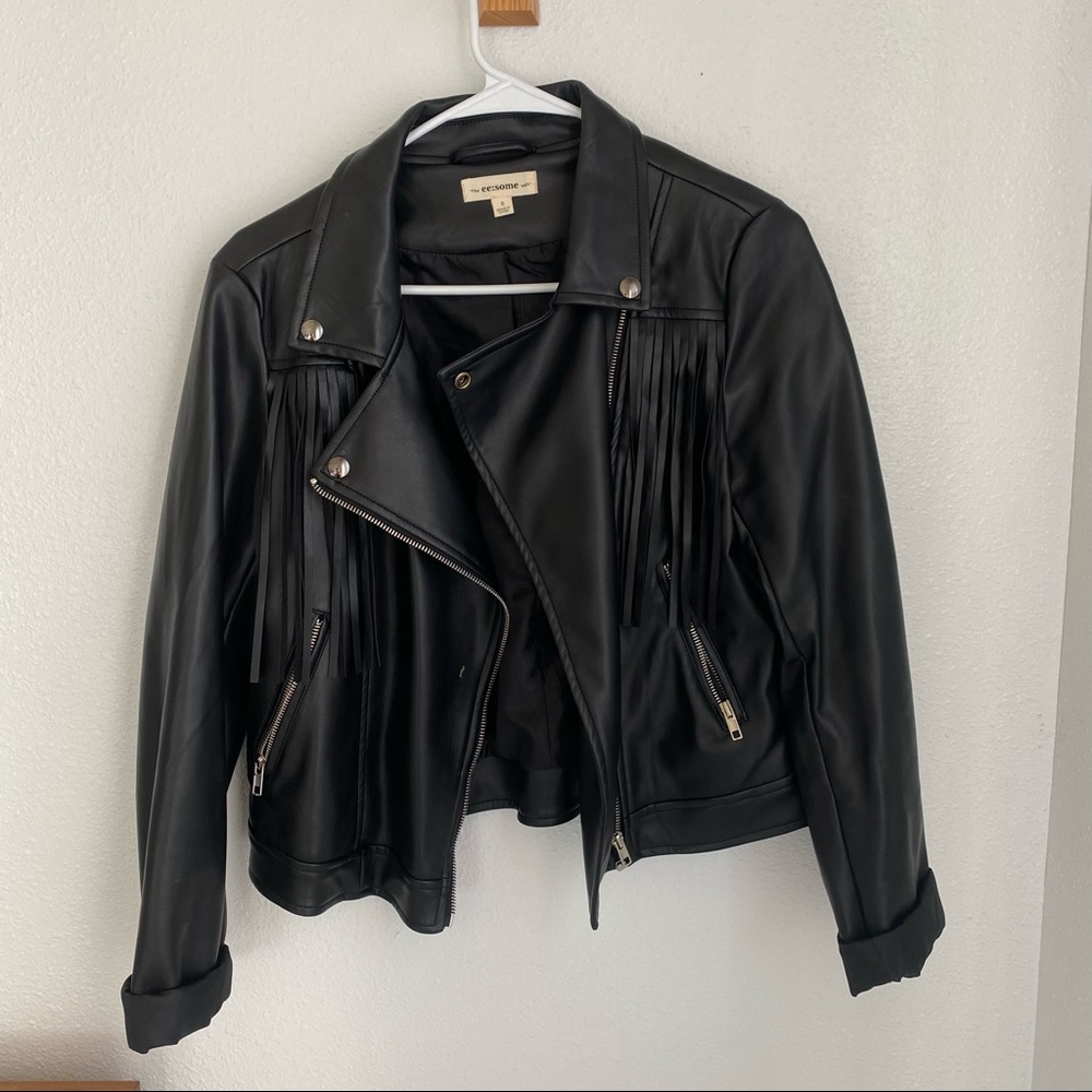 Black Fringe Faux Leather Jacket - Size Small